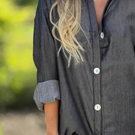 Denim Shirt Dress Shirt Collar Long Sleeves Women A-Line Style Dress Solid Color Single Breasted Knee-Length Dress