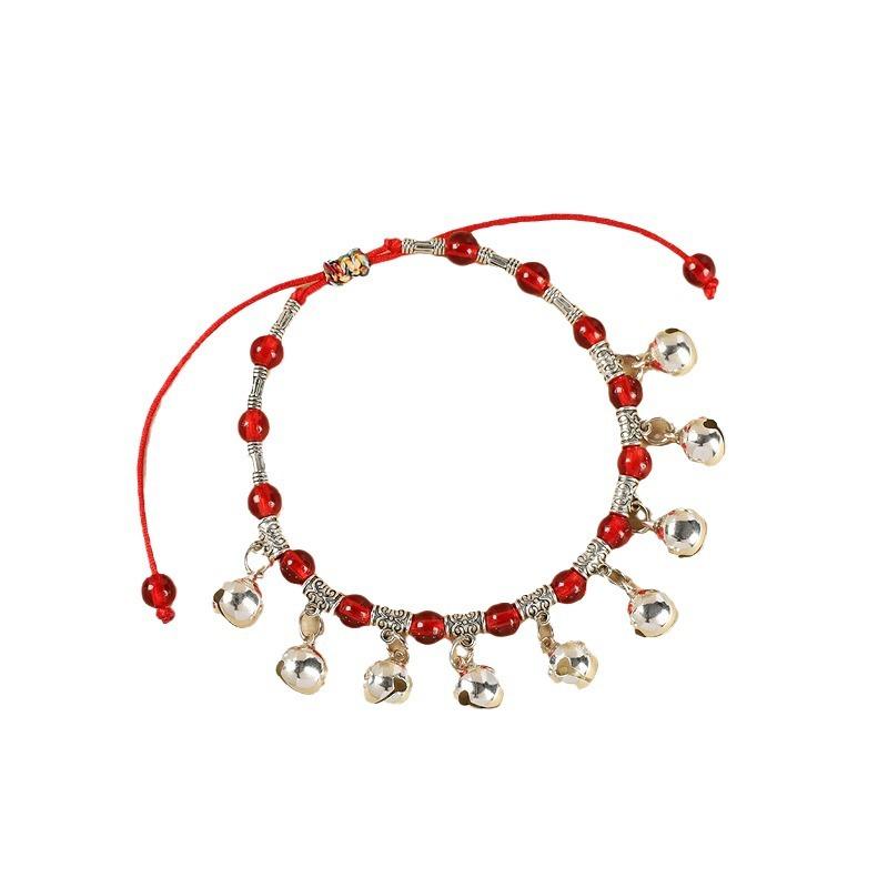 New Red Rope Woven Nine Bells Crystal Anklet Will Ring Women's High-end Temperament Retro Hidden Silver Foot Chain