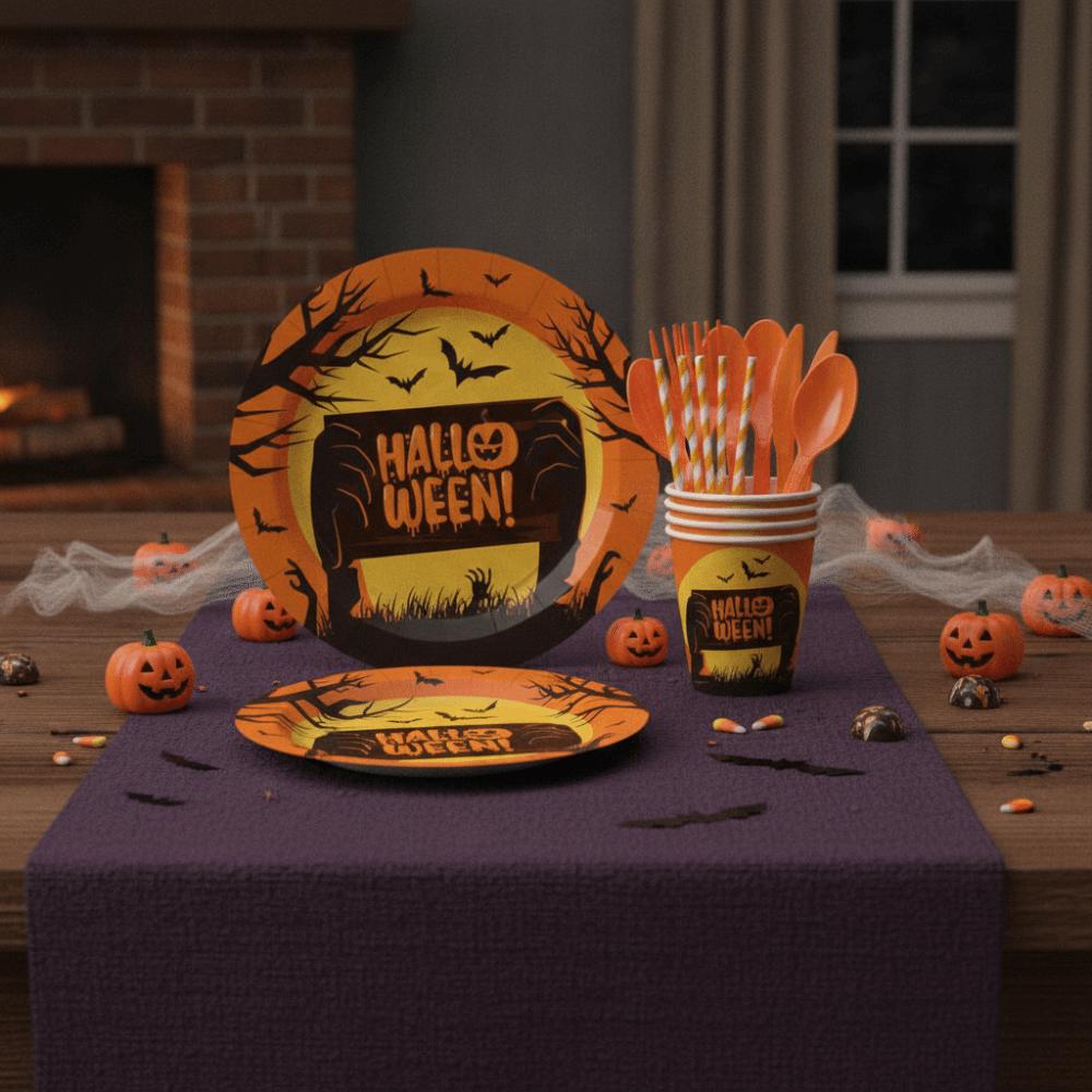 Decorative Disposable Plate Cup Set Pumpkin Pattern Disposable Utensils Set Ghost Festival