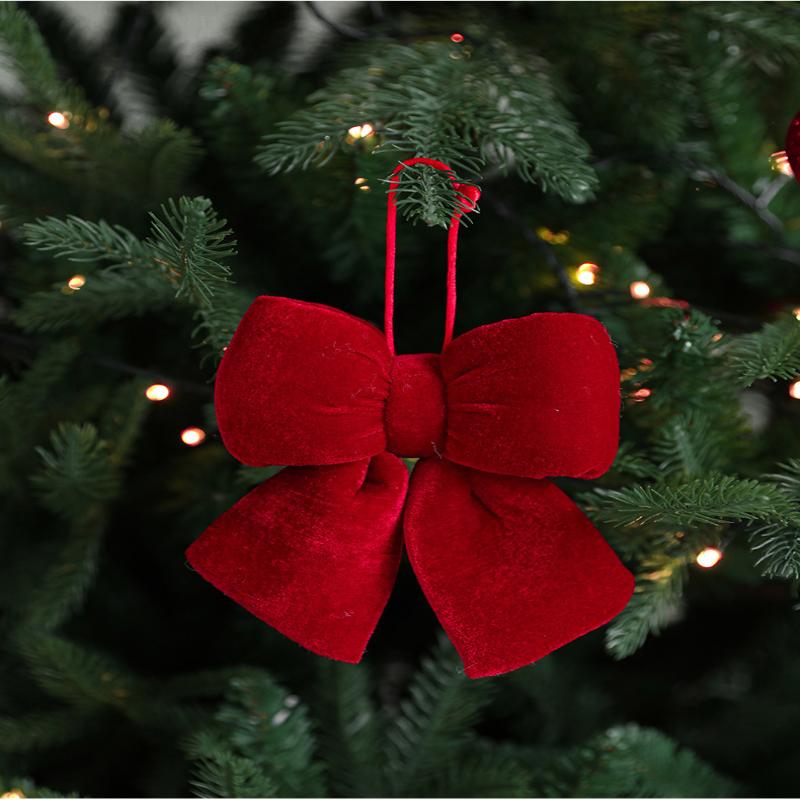 Christmas Bow Decoration Velvet Red Bow Knot Baubles Hanging Ornaments Diy Xmas Trees Pendant For Holiday Home Party Decorations