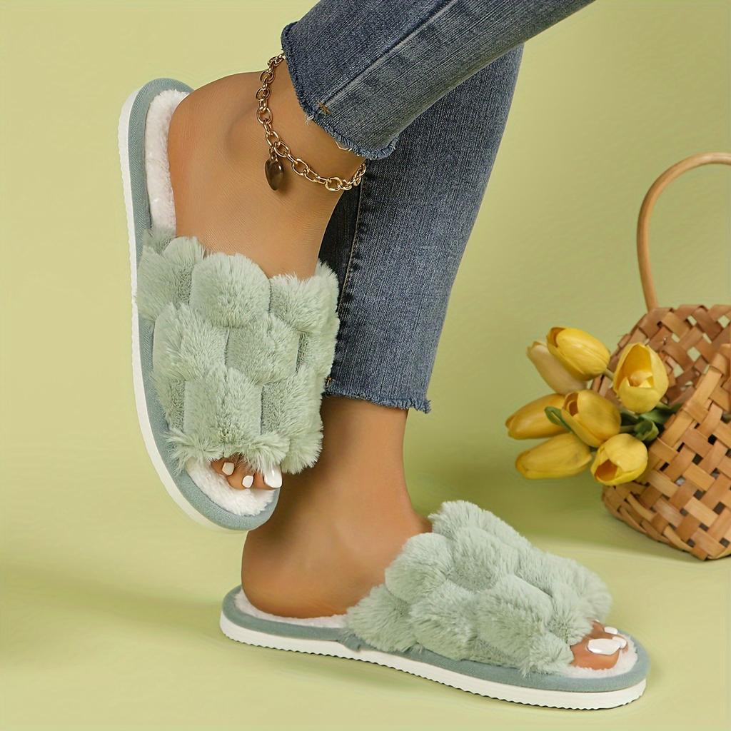 Open Toe Fluffy Home Slippers, Honeycomb Plush Soft Sole Flat Shoes, Women's Indoor Floor Slippers