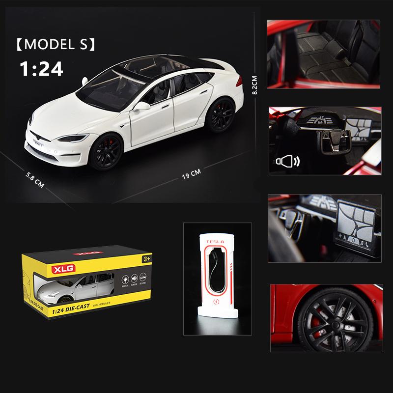 1/24 Scale Diecast Vehicle for Tesla Model S Model Car with Charging Station Collectible Sound Light Toy