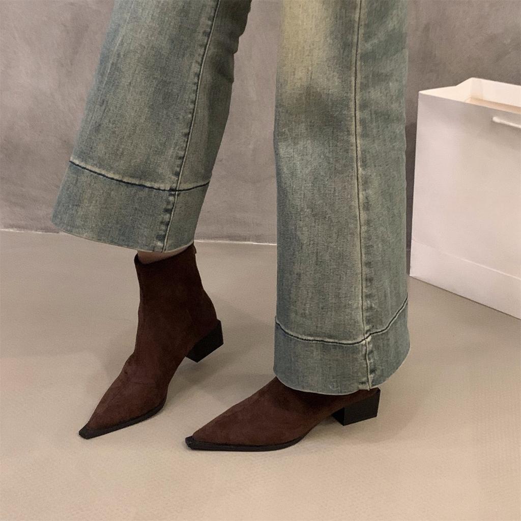 Coarse Heel Pointed Leopard Print Suede French Small Ankle Boots Women's Shoes 2024 New Autumn and Winter Brown Thin Boots Short Boots