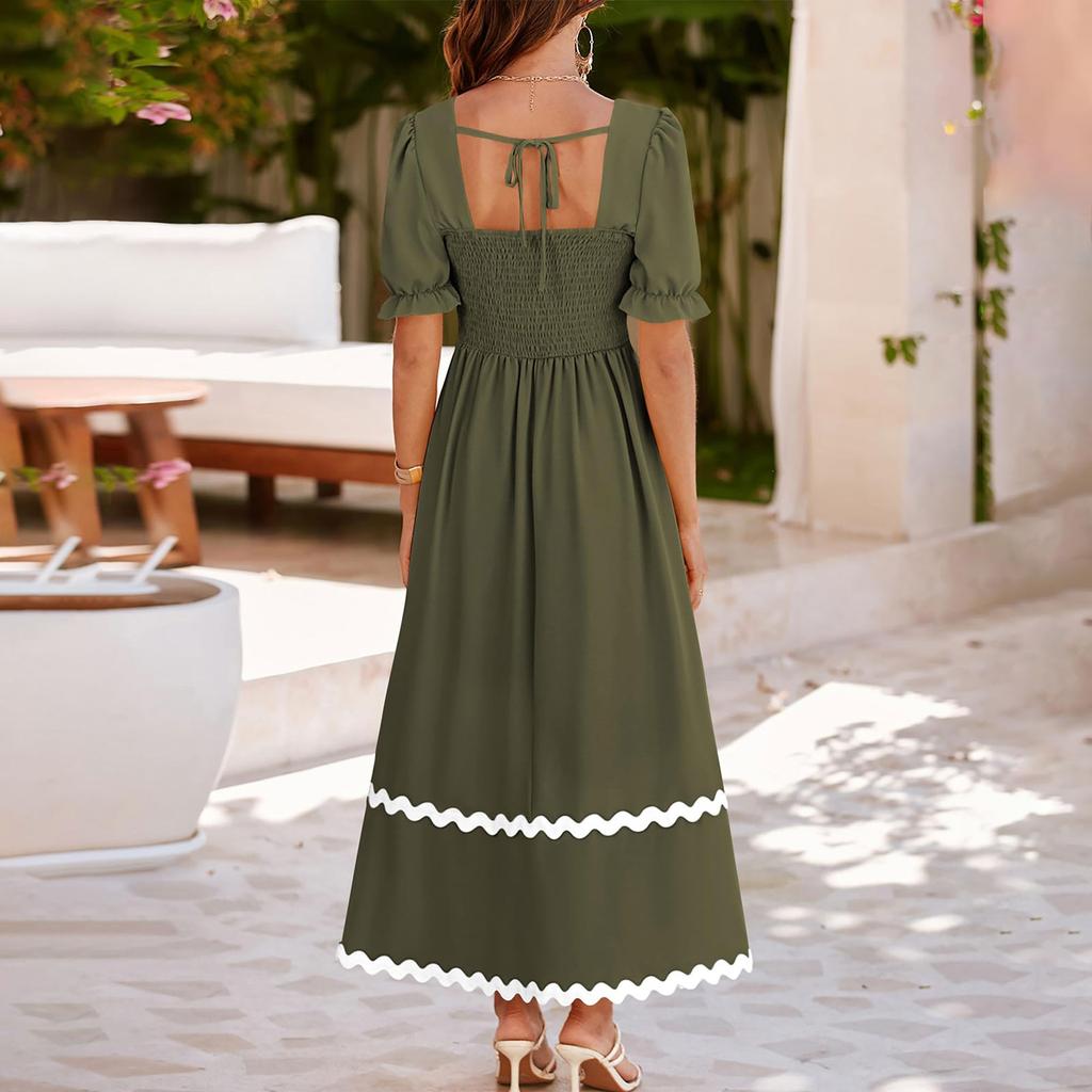 Women's Solid Color Square Neck Short Puff Sleeve Dress Casual Tie Back Smocked A Line Flowy Bubble Sleeve Dresses