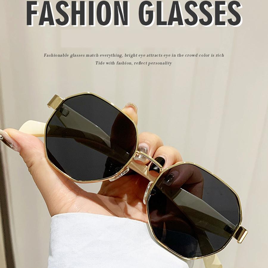 Золотые многоугольные металлические солнцезащитные очки с коричневыми неполяризованными линзами