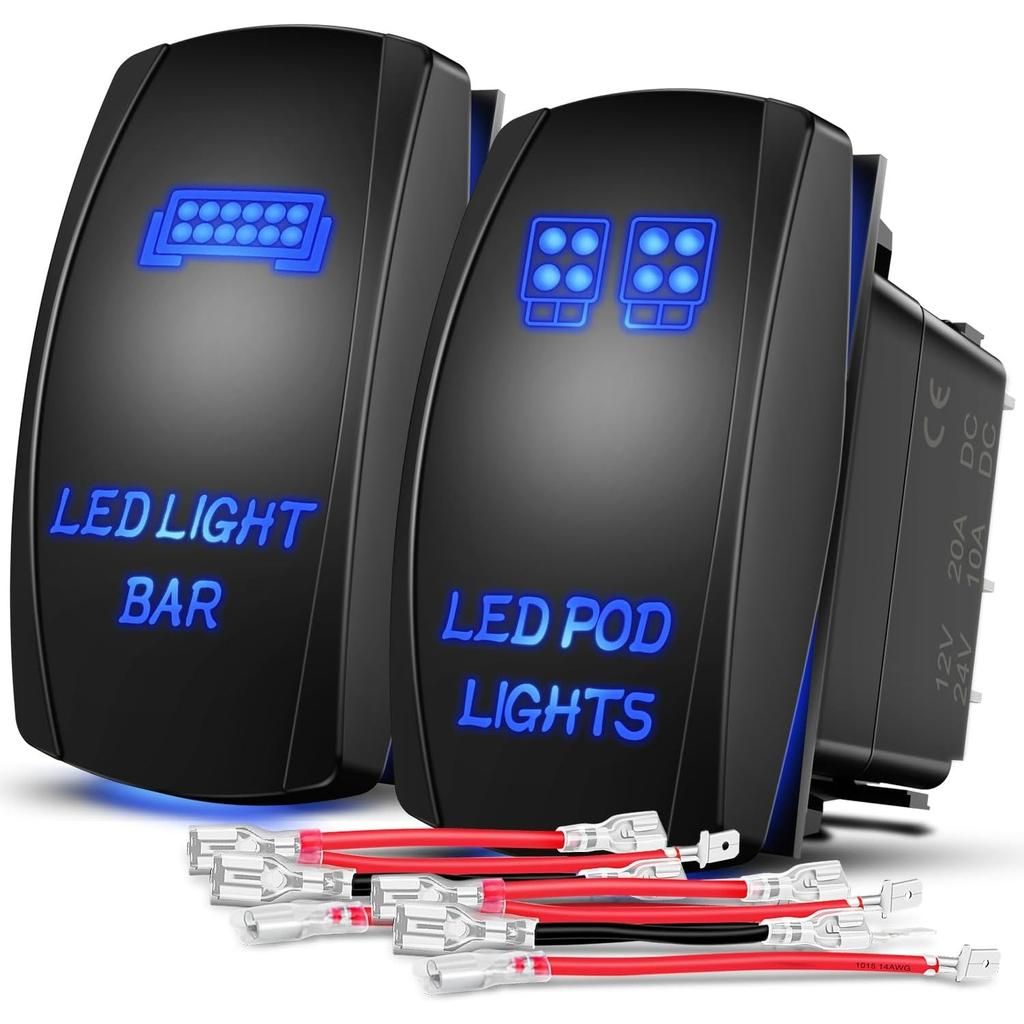 Nilight 2 Pack Led Pod Lights Rocker Switch Light Bar 5 Pin Laser On Off SPST Switches 20A/12V 10A/24V Blue with Jumper Wires Set for Cars Trucks RVs