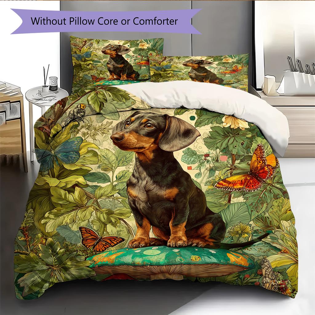 Dachshund and Grassland Pattern Bedding Home Decoration Birthday Gift (1 * duvet cover + 2 * pillowcase, without core)