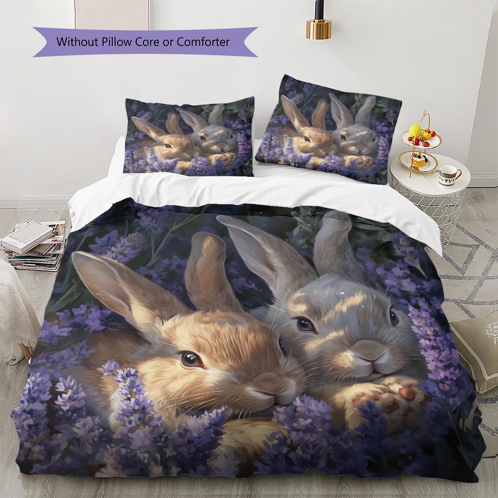 Rabbit and Fresh Flowers Pattern Bedding Home Decoration Birthday Gift (1 * duvet cover + 2 * pillowcase, without core)