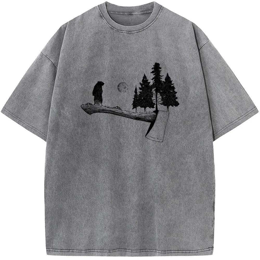Little Bear Ax Protects The Forest Cotton O-Neck Washed T-Shirt Novelty Casual Loose Bleach T Shirt Summer Bleached Tshirt