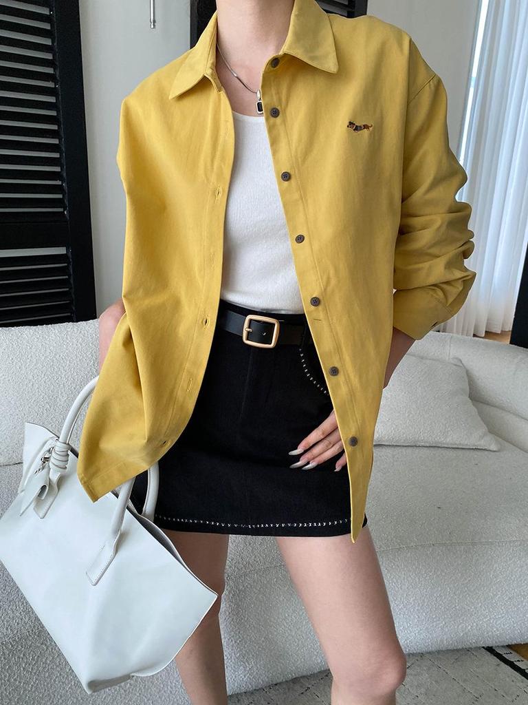 Sinan Early Spring Cartoon Puppy Embroidery Loose Cotton Long Sleeve Shirt