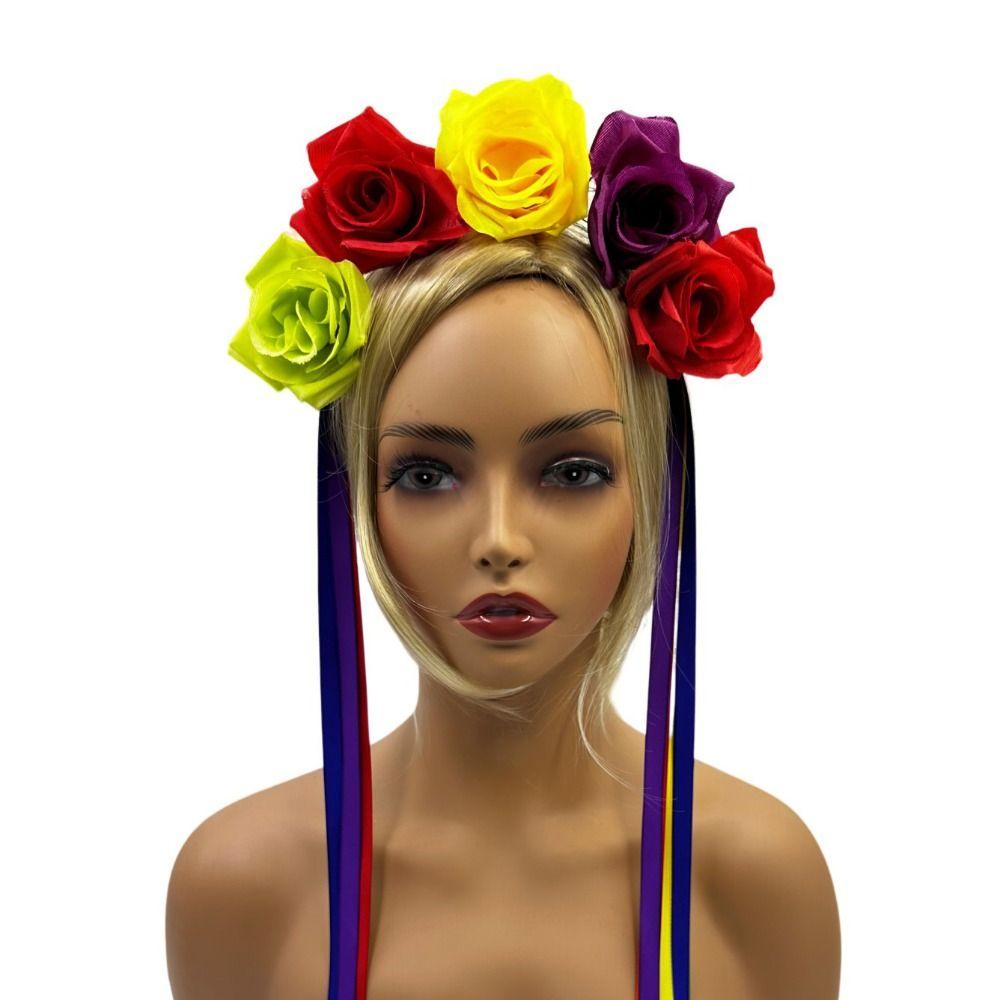Cute Rainbow Rose Hair Hoop Artificial Flowers Festive Party Hair Accessory  Birthday