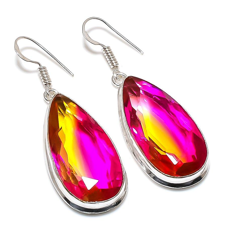 Bi-Color Tourmaline Gemstone Handmade 925 Sterling Silver Earring 1.97" c2J87