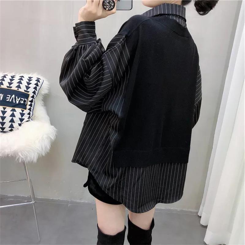 Spring Autumn Combination Fake Two Piece Women's Shirts Korean Loose Fashion Shirt