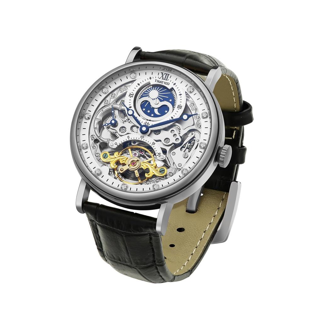 TIME100 роскошные автоматические часы скелетон механические из нержавеющей стали с ремешком из натуральной кожи водонепроницаемость 50 м мужские (Серебряный)