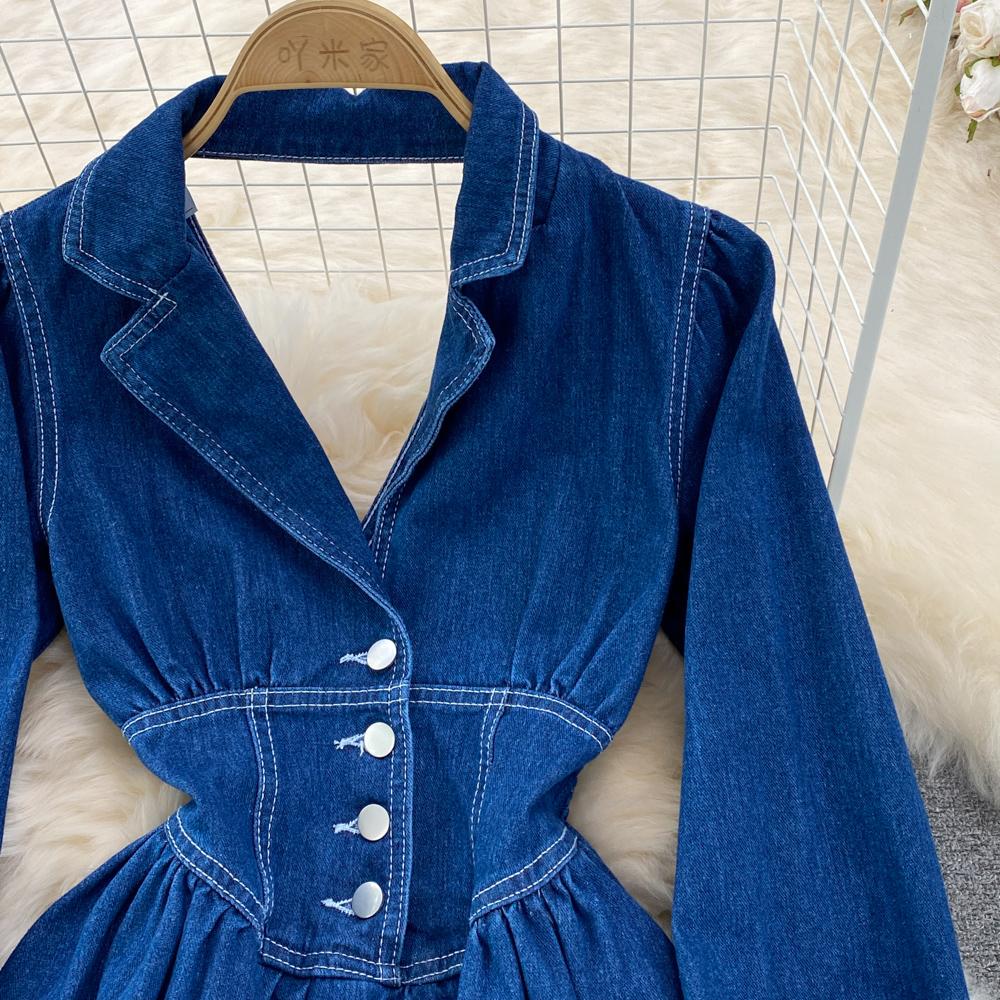 RUGOD Весеннее и осеннее джинсовое платье трапециевидной формы с воротником на талии и талией. Элегантное длинное платье.