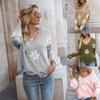 Women Autumn Flower Pattern Deep V Ripped Pullover Knitted Sweater