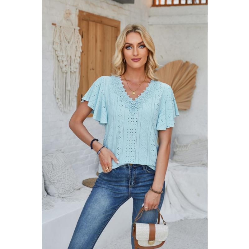 Women's Spring Summer Lace V-neck Ruffle Sleeves Solid Color Loose T-shirt