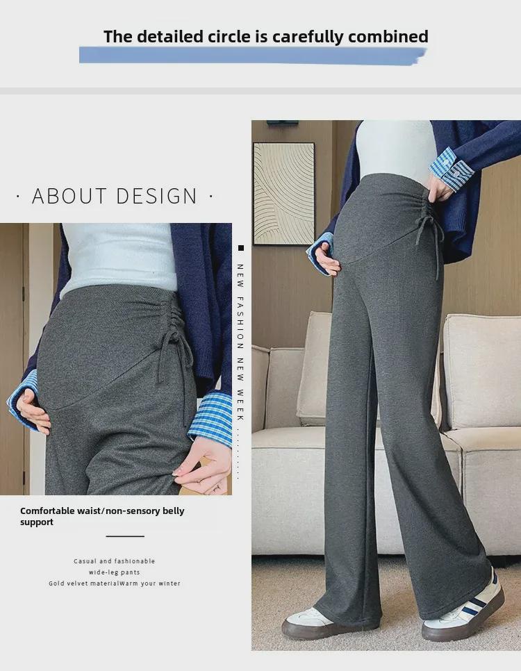 Широкие брюки для беременных 2024 года: Осенне-зимний бархат, завязка на шнурок, прямой крой.