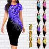 Slim Short Sleeve Knee-length Dress Fashion Women Midi 3D Pearl Leaves Print Dress