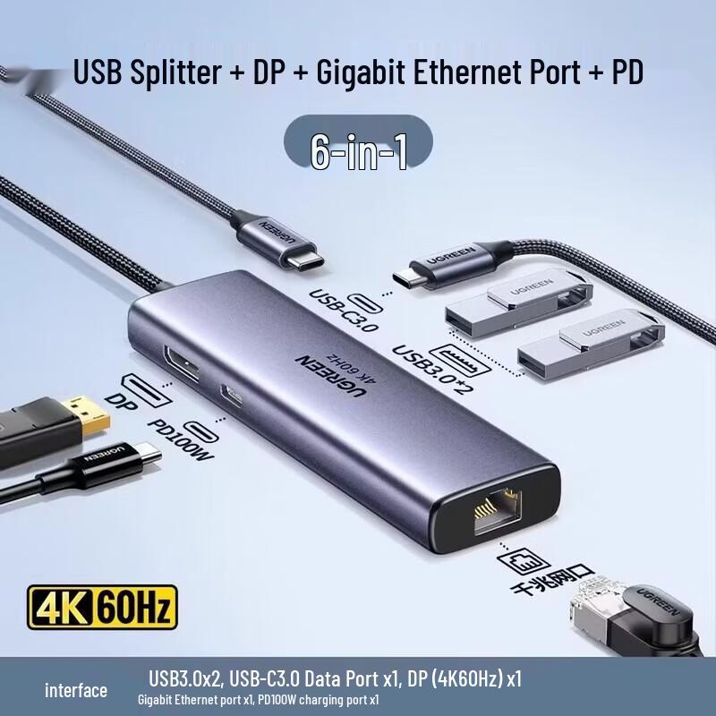 Ugreen Портативная док-станция 6-в-1 USB-C на DP1.4