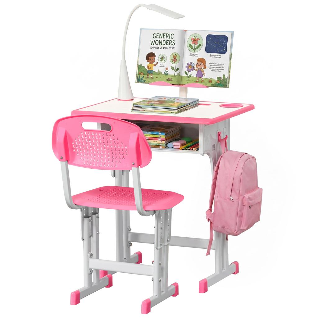 Kids Desk and Chair Set Adjustable Height Study Table Set with Drawer, Book Stand, Pen Slot - Pink