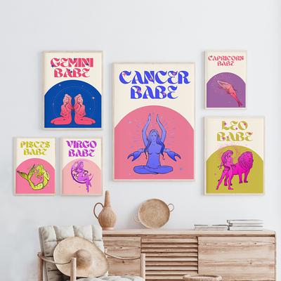 Печать знака зодиака Водолей, зодиакальное искусство, холст, картина, красочный астрологический постер, ретро-стиль 90-х, абстрактная цитата, домашний декор, без рамки