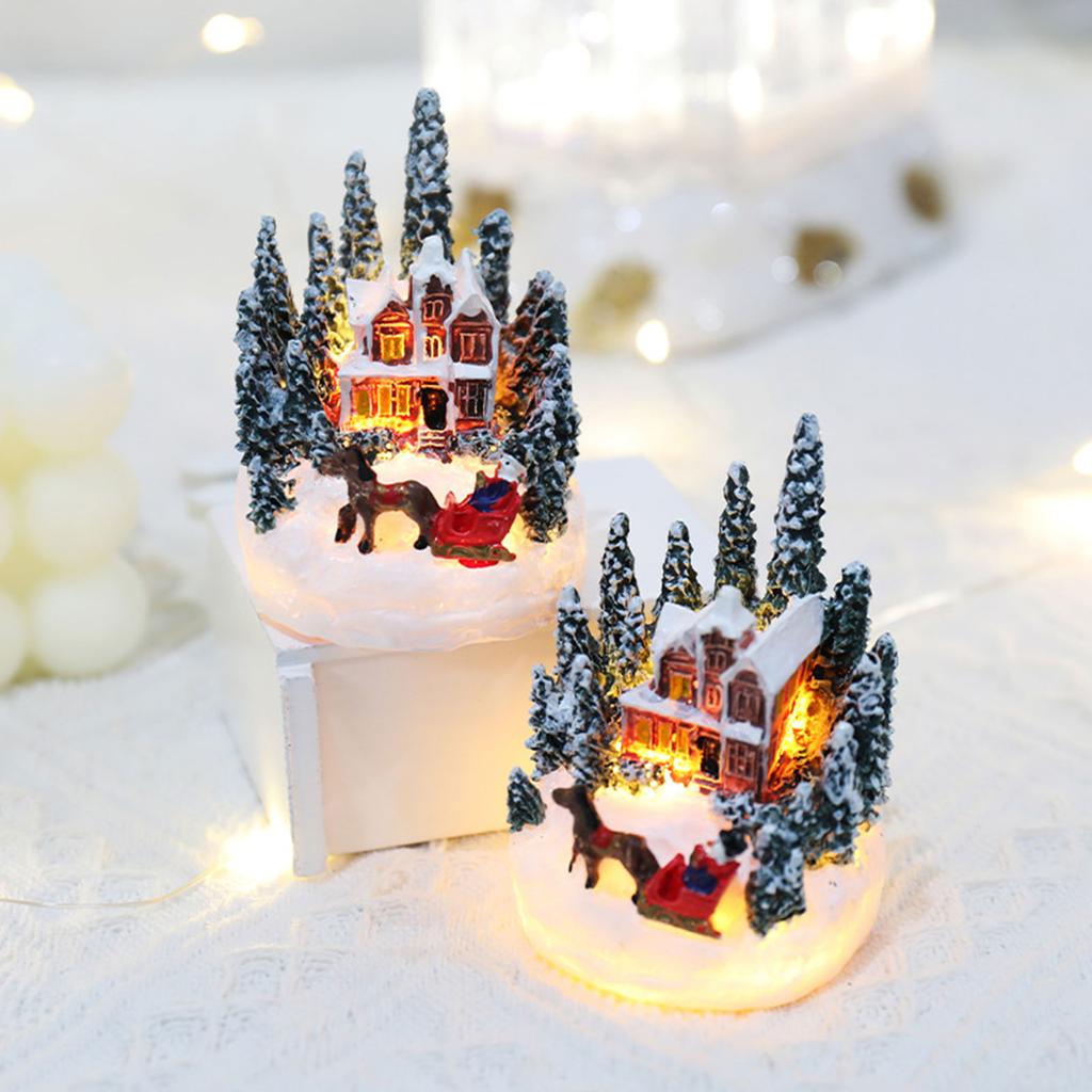 Christmas Village Figurines LED Light Christmas Town Scene Desktop Ornaments Battery Operated Landscape Decorations