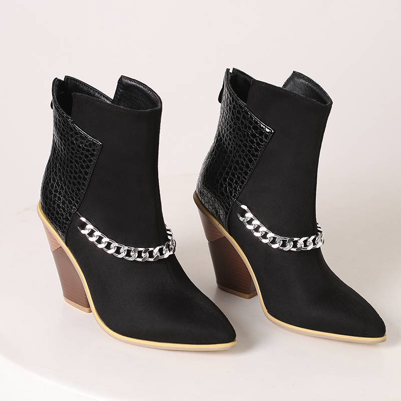Krazing Pot Polyurethane Autumn Winter Shoes 47 Size 48 Super Size Wedges Pointed Toe Metal Chains Mid-calf Boots