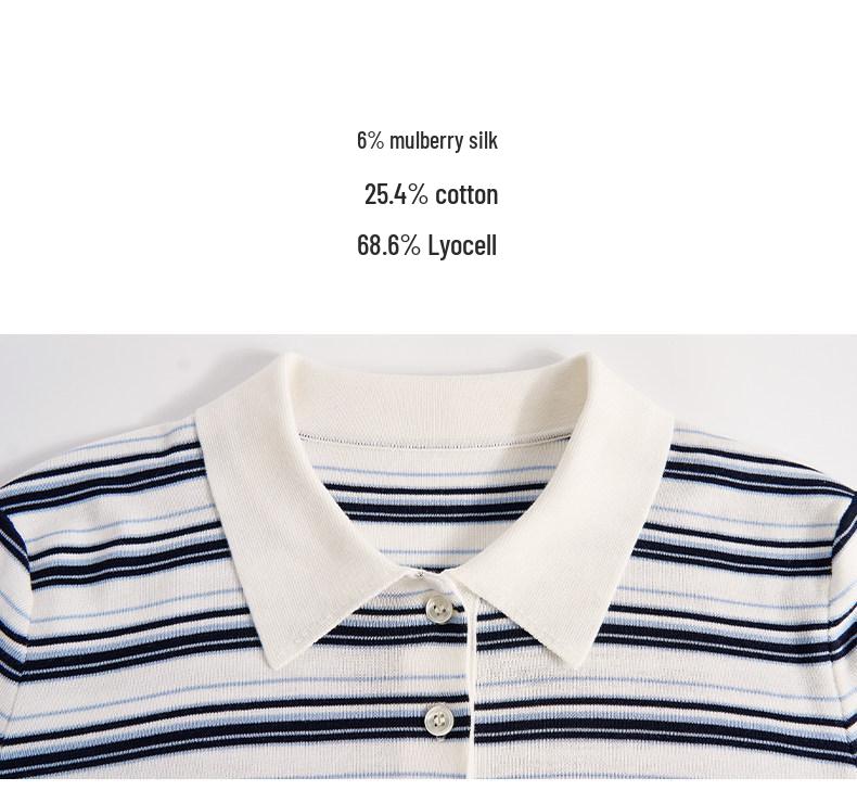 Northern Deer Women's Summer Polo Neck Striped Knit T-Shirt - 68.6% Lyocell, 25.4% Cotton, 6% Silk