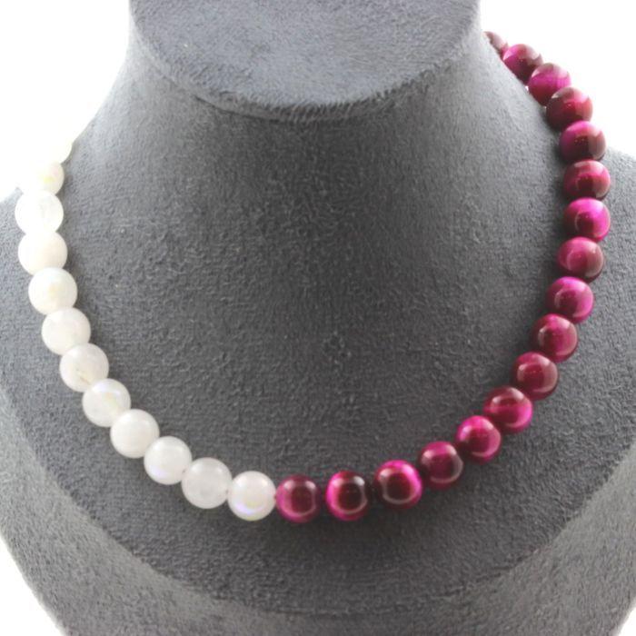 Pierres et Minéraux. Collier perles Pierre de Lune + Oeil de Tigre fuschia 8 mm. Chaine en Collier femmes, hommes. Taille personnal