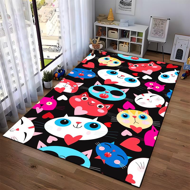 Colorful Cartoon Cats and Hearts Pattern on Black Background for Cute Decorative Carpet Suitable for use as an anti-slip1 for1room and bedroom sofas