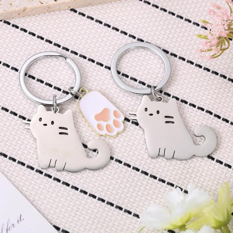 Cute Cartoon Cat Key Chains Smooth Stainless Steel Tag Cat with Cat Paw Ornament Children's Funny Keychains