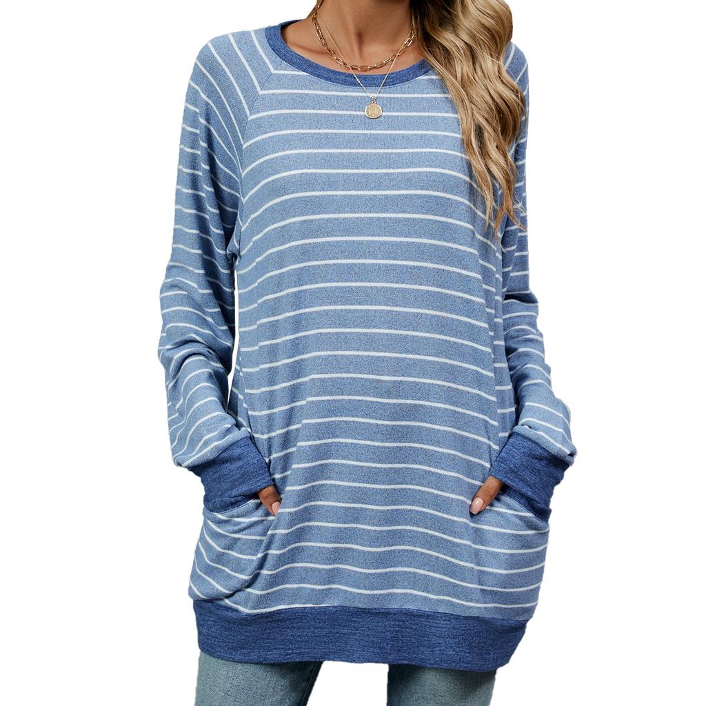 2024 Autumn And Winter New Striped Contrasting Round Neck Long Sleeved Pocket Hoodie T-Shirt For Women