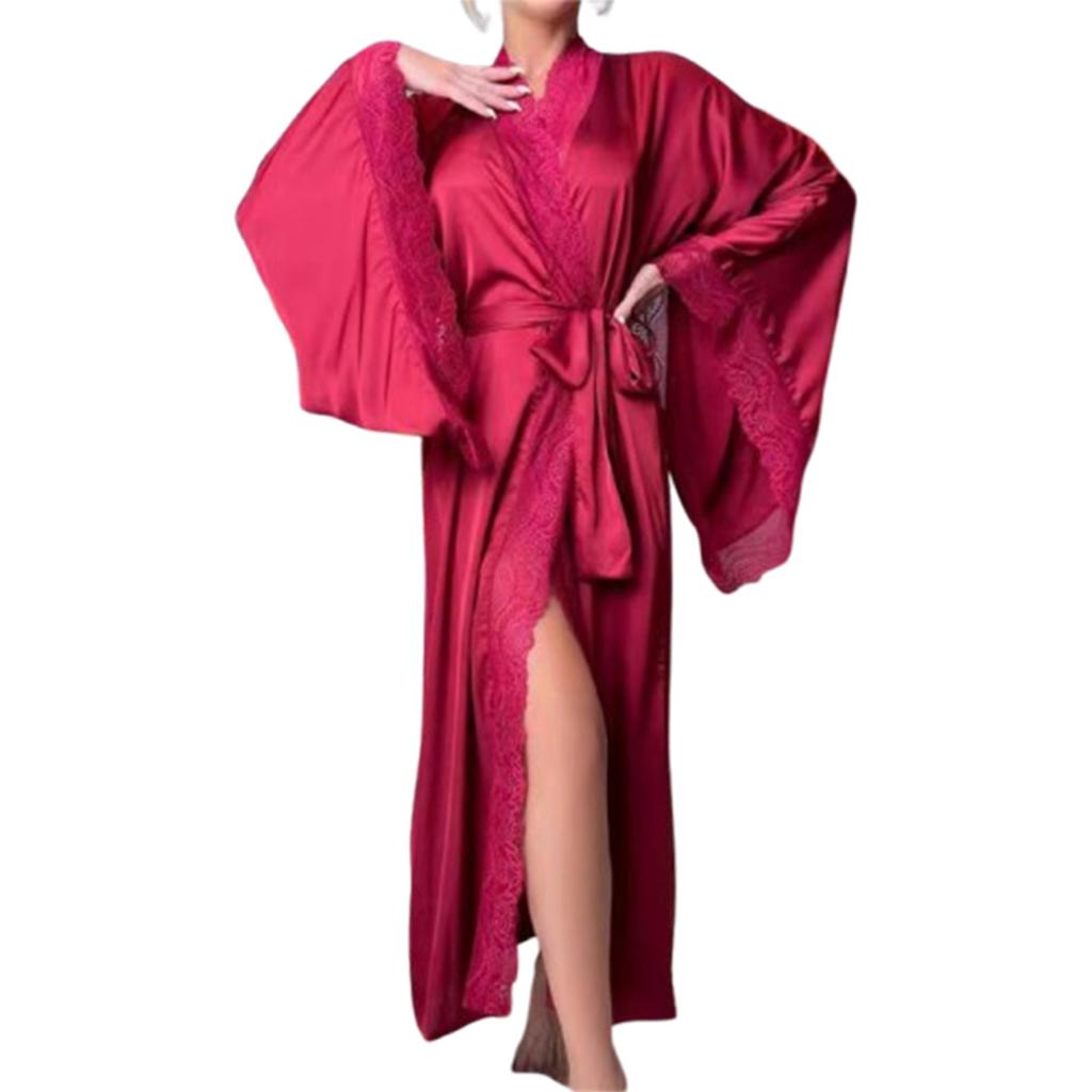 Женский модный легкий роскошный халат с длинным рукавом и кружевной отделкой, однотонный, прохладный, повседневный