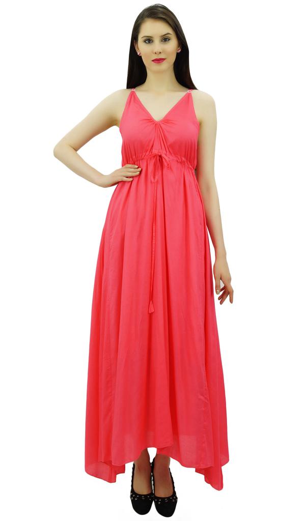 Bimba Women's Long Maxi Cotton Beach Dress Drawstring Waist Strappy Resort