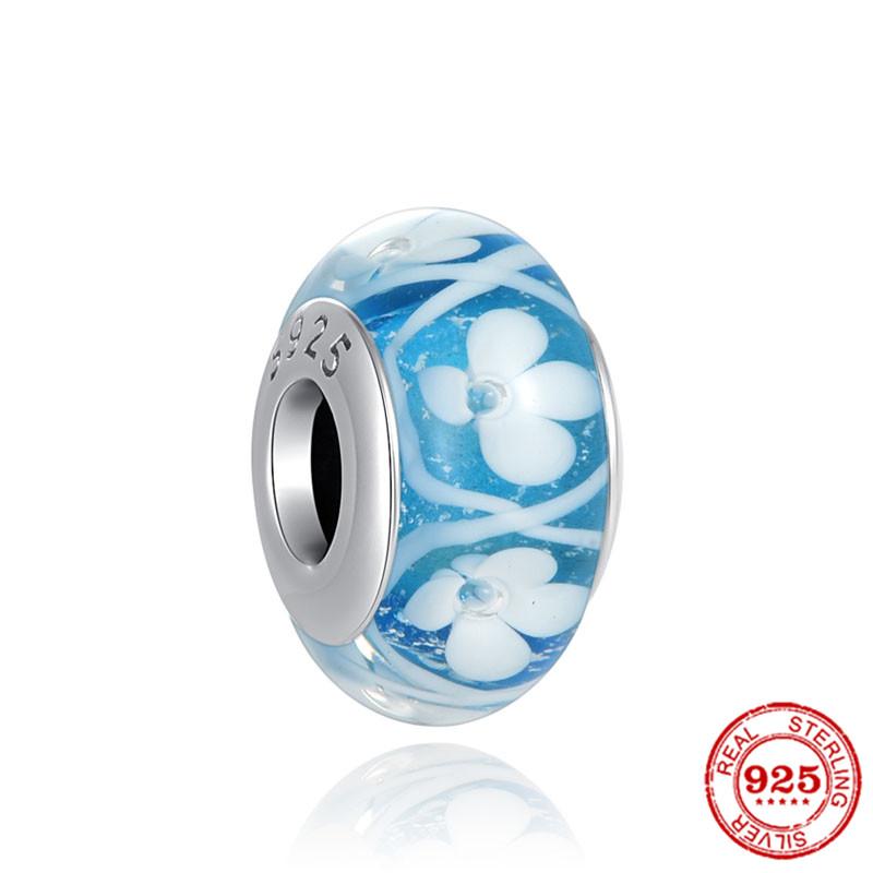 New S925 Sterling Silver Plated Pink Red Green Blue Murano Glass Bead Charm Fit Original Bracelet DIY Jewelry For Girl
