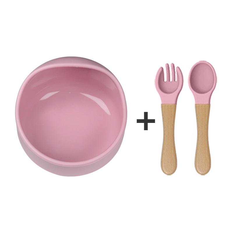 Силиконовый набор для кормления младенцев с присоской: Миска для улиток, ложка и вилка с деревянными ручками, легко моются.