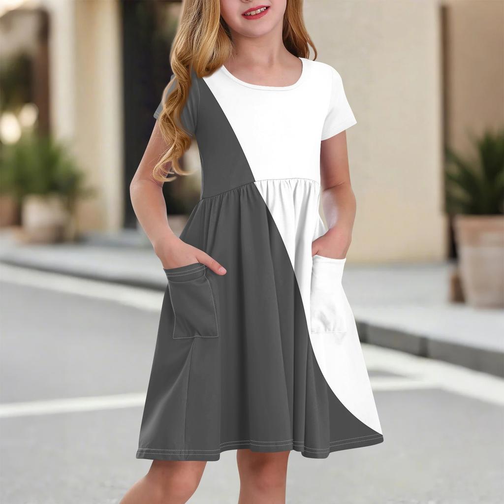 Детская юбка с круглым вырезом и коротким рукавом, платье принцессы, модное повседневное платье с карманами для девочек