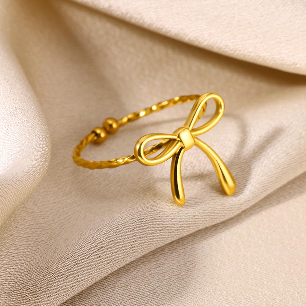 Stainless Steel Bow Rings For Women Men Gold Color Open Adjustable Bowknot Ring Femme Cpuple Charming Elegant Jewelry