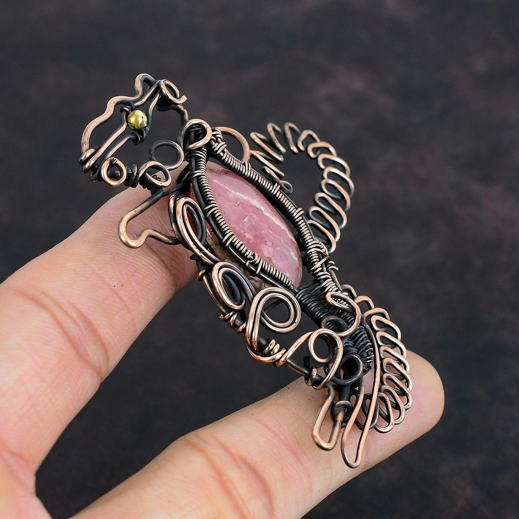 Rhodochrosite Pendant Copper Wire Wrapped Pendant Handmade Rhodochrosite Jewelry Rabbit Gemstone Pendant Copper Wire Jewelry Gifts For Women