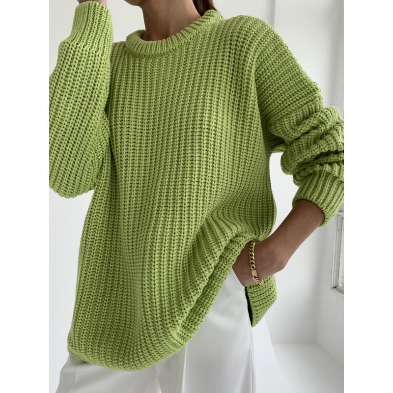 Осенне-зимний женский свитер, вязаный свитер с круглым вырезом, свободный однотонный свитер с длинными рукавами