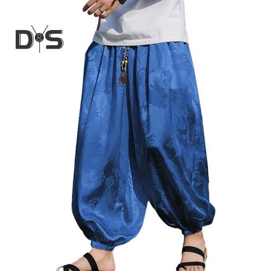 Мужские брюки-фонарики в стиле хиппи в стиле бохо, мешковатые брюки с принтом дракона, свободные мягкие дышащие шаровары с полосками на щиколотке, длинные брюки для йоги