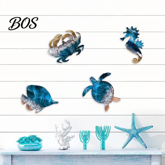 Marine Life Metal Sign 4 Pcs Summer Wooden Sign, Coastal Ocean Animal Hanging Decor, Cute Sea Anti-rust Wall Turtle Crab Seahorse Plaque for