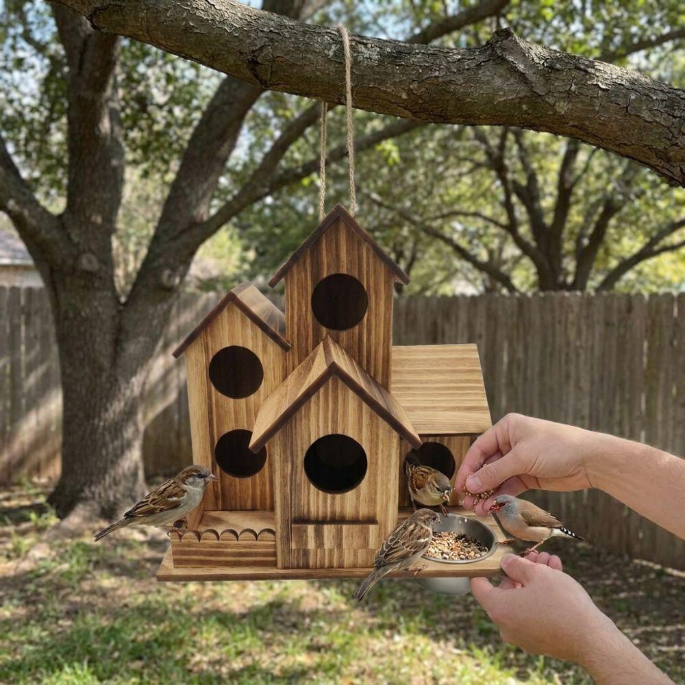 Rustic Style Wooden Bird House Feeder Weather Resistant Hanging Birdhouse Outdoor Use