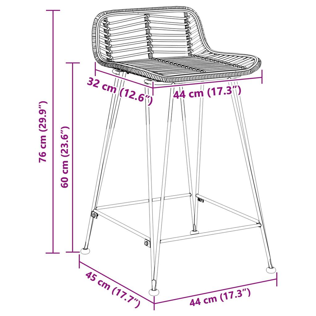 Bar Stool Set of 2 Natural 44 x 45 x 76 cm Rattan and Steel