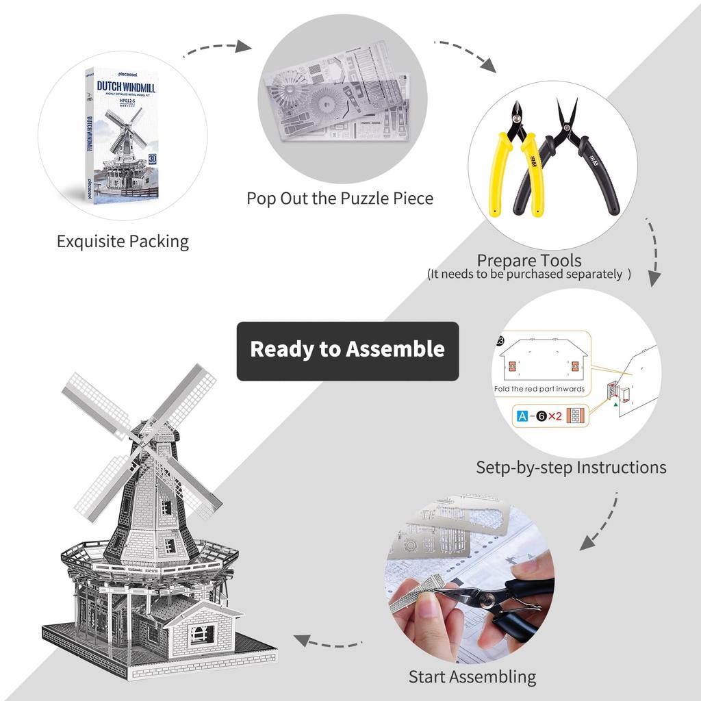 Piececool 3D Puzzle, Metallic Dutch Windmill, Metallic Nano Puzzle, Assembly Required, No Glue Required, 3-Star Difficulty, Intermediate Level,
