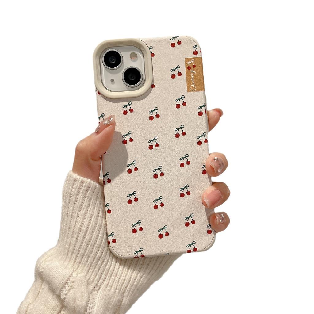 White Leather Wine-red Cherry IPhone 15 Phone Case Suitable for Apple 14/13 Promax Soft Shell