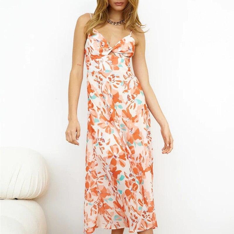 Fashion Floral Printed Ruffled Slip Ladies Dress Summer Elegant Sleeveless V-neck Long Dress Women Sexy Vestido De Mujer 25472