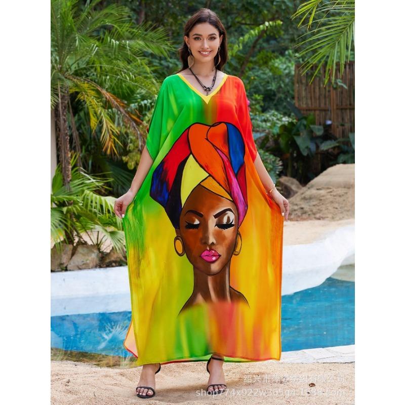 Плюс Размер Женщин Новый Принт Пляжный Свободный Праздничный Платье Бикини Накидка
