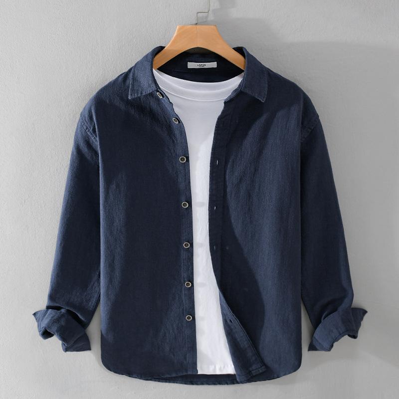 Long Sleeve Cotton Linen Man Shirts Summer Tops Classical Turn-down Collar Green Button Shirt Daily Men's Casual Shirt Beach Breathable Shirt